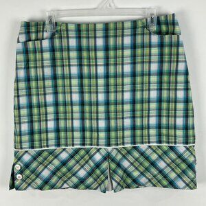 Dexim Golfwear Skort Size 12 Green Blue Plaid Side Slit Back Zip Pocket Inseam 5